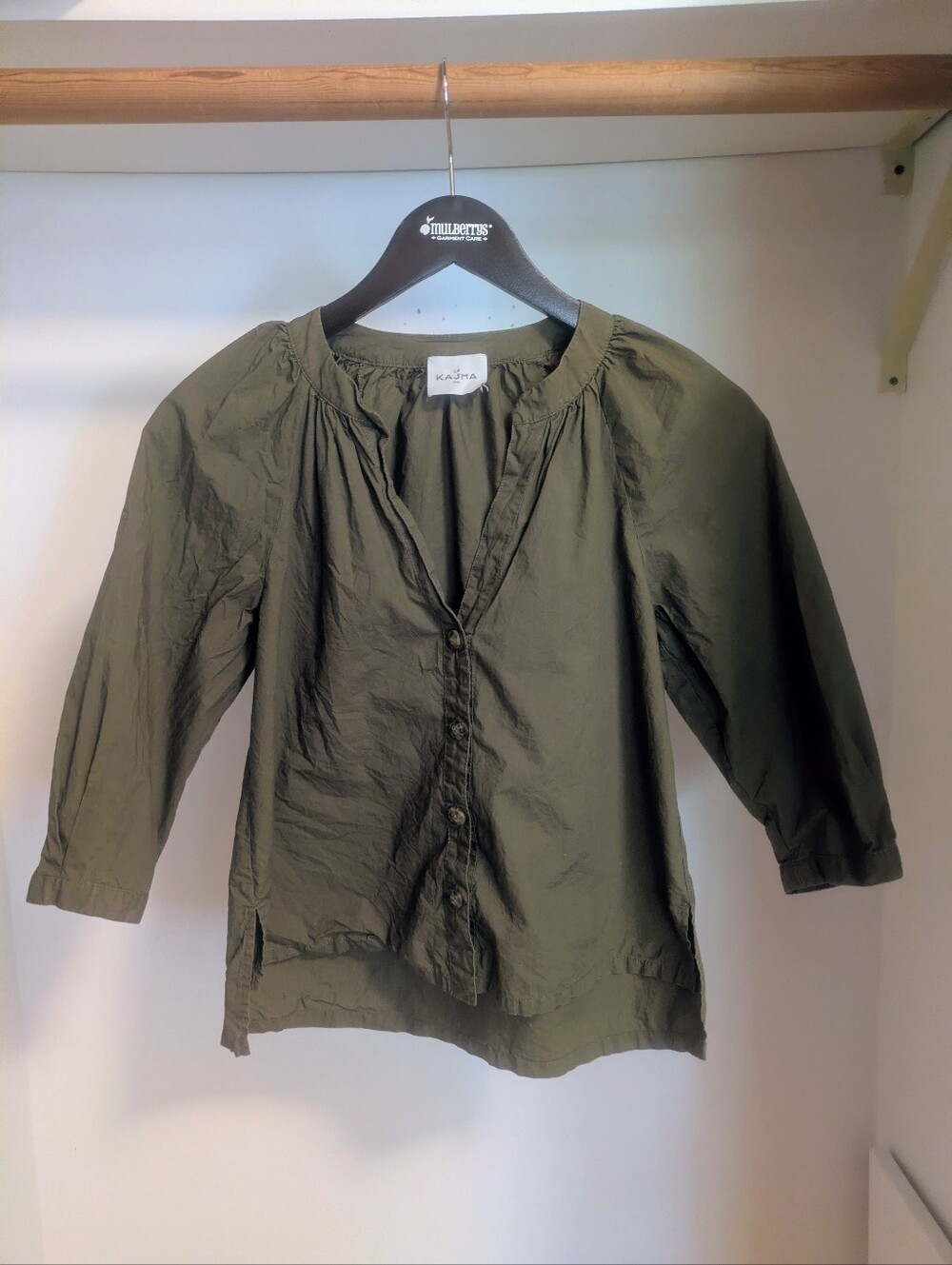 Le Kasha Luxury cotton poplin henley Blouse 3/4 sleeve top olive green